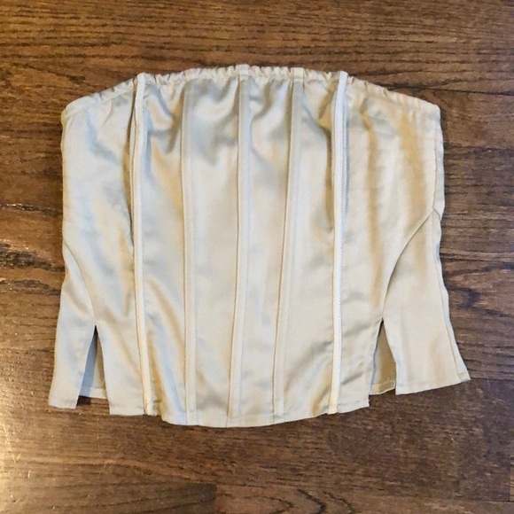 Metallic Muted Sage Textured Satin Split-Hem Ribbed Corset - Picture 2 of 6